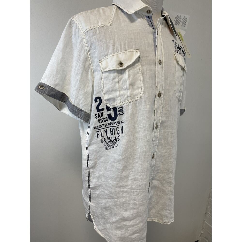 Camp David Shirt Mens Large Button Up 100% Linen Embroidered White N178 - Picture 3 of 12